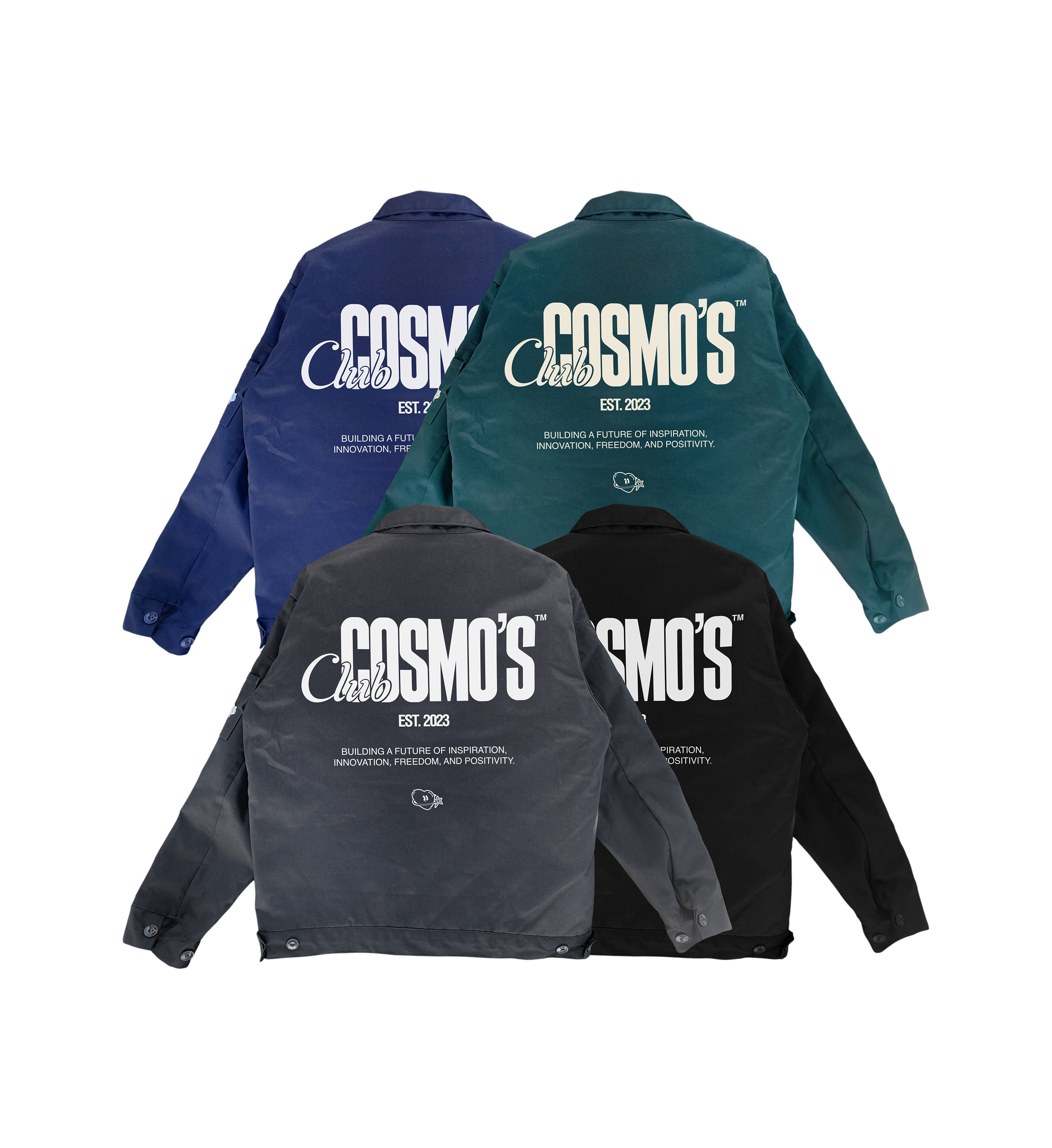 Four jackets in different colors with 'Club Cosmo's' branding on the back.