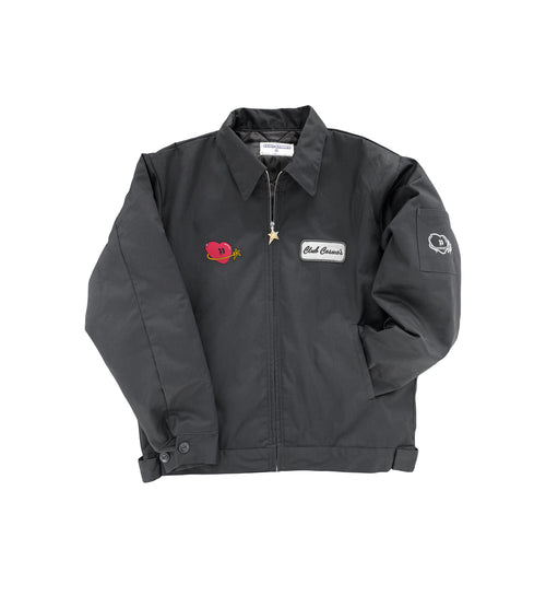 Dark gray utility jacket with an embroidered patch and Club Cosmo's graphics on a white background.