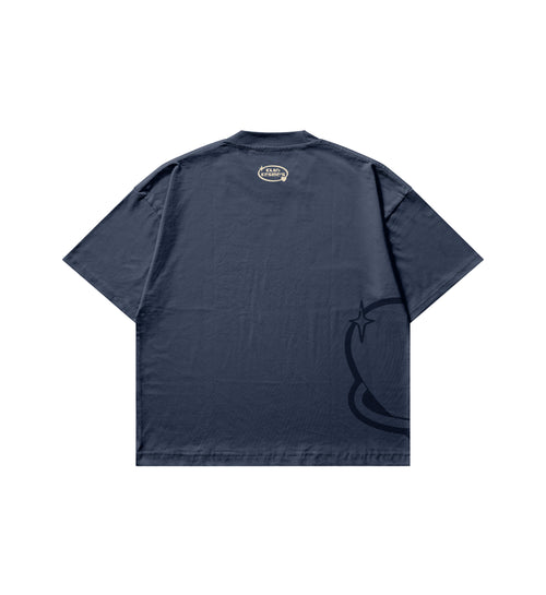 Navy blue t-shirt with a beige club cosmos logo on the upper neck area and design on the back against a white background