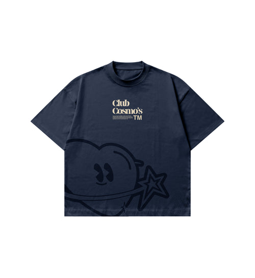 Navy blue t-shirt with 'Club Cosmos' blue heart and star logo and beige text on a white background