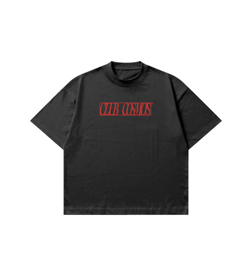 Black t-shirt with red 'Club Cosmo's' text on a white background.