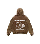 A brown faded-wash vintage hoodie shown from the back, featuring a white graphic of a heart-shaped logo with a star and the text 'DO WHAT YOU LOVE.' and 'CLUB COSMOS'.