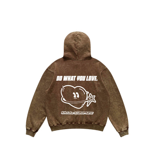 A brown faded-wash vintage hoodie shown from the back, featuring a white graphic of a heart-shaped logo with a star and the text 'DO WHAT YOU LOVE.' and 'CLUB COSMOS'.
