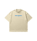 Beige t-shirt with blue text 'PAINT THE WALLS' on a white background