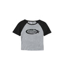 Gray and black women's baby tee shirt with 'Club Cosmos' logo on a white background.