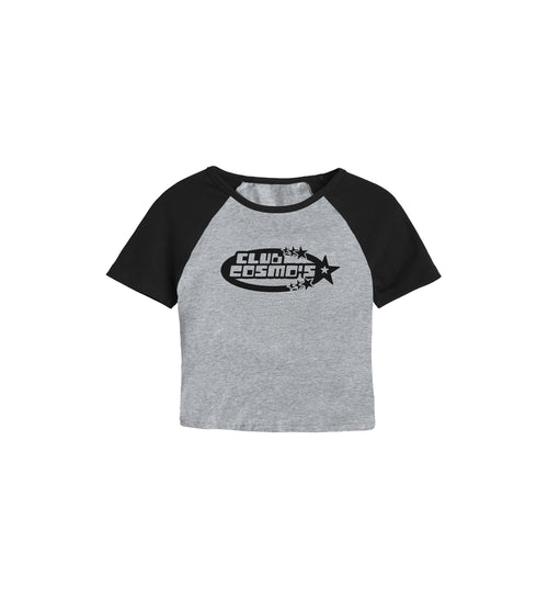 Gray and black women's baby tee shirt with 'Club Cosmos' logo on a white background.