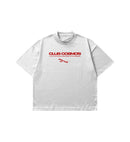 White t-shirt with red text and graphics on a white background.