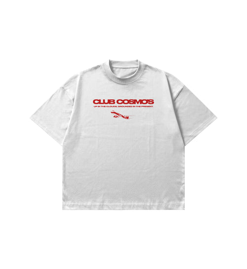 White t-shirt with red text and graphics on a white background.
