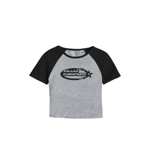 Gray and black women's baby tee shirt with 'Club Cosmos' logo on a white background.