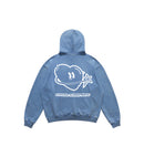 Blue hoodie with a white Club Cosmo's heart and star logo graphic and text on the back against a white background.