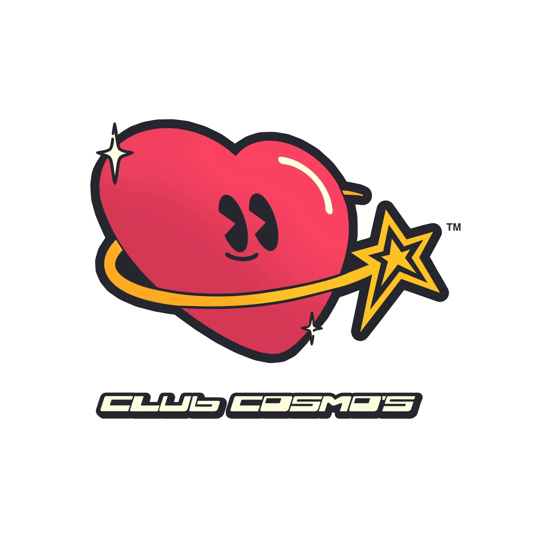 Illustration of a smiling heart with a shooting star wrapped around it with text that reads 'Club Cosmo's.'