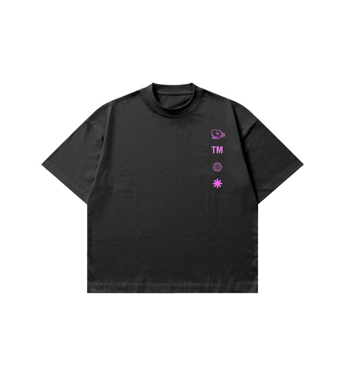 A black short-sleeve crewneck t-shirt with a vertical column of small pink graphic Club Cosmos icons and the letters 'TM' printed on the left chest, displayed on a solid white background.