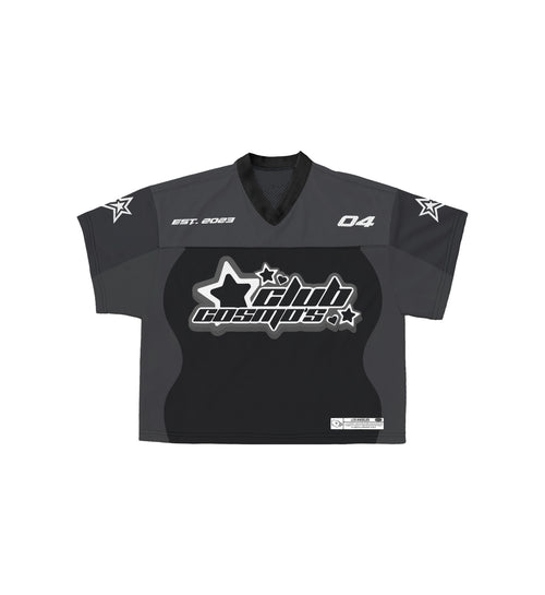 Black and grey sports jersey with Club Cosmo's star and text graphics.
