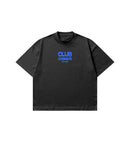 Black t-shirt with blue text 'CLUB COSMOS' on a white background.