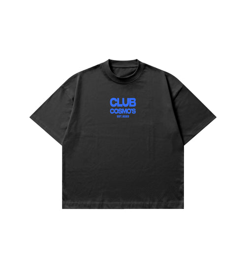 Black t-shirt with blue text 'CLUB COSMOS' on a white background.