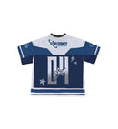Blue and white Club Cosmo's jersey with the number four and star graphics.