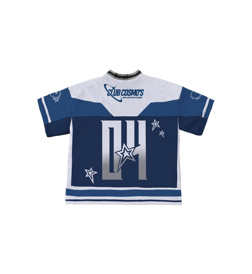 Blue and white Club Cosmo's jersey with the number four and star graphics.