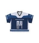 Blue and white Club Cosmo's jersey with star, heart, and number graphics.