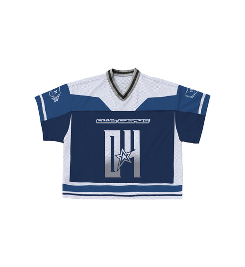 Blue and white Club Cosmo's jersey with star, heart, and number graphics.