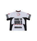 White sports jersey with black sleeves and  typographic design on a white background.