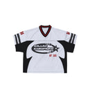 White sports jersey with black accents and 'Club Cosmos' logo on a white background.