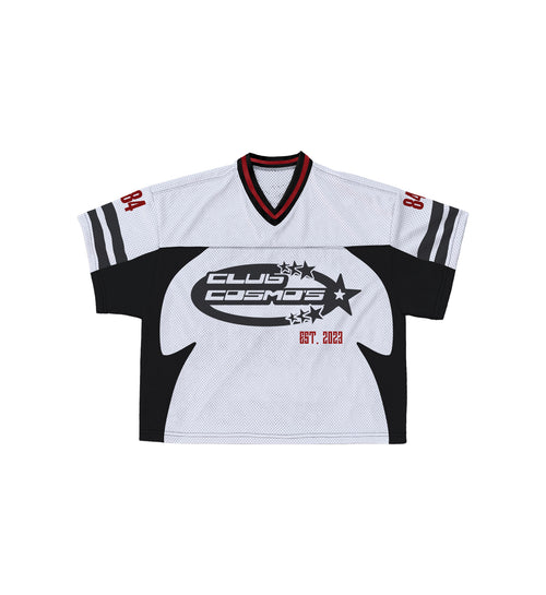 White sports jersey with black accents and 'Club Cosmos' logo on a white background.