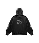 Black hoodie with a white Club Cosmo's heart graphic on the back against a white background.