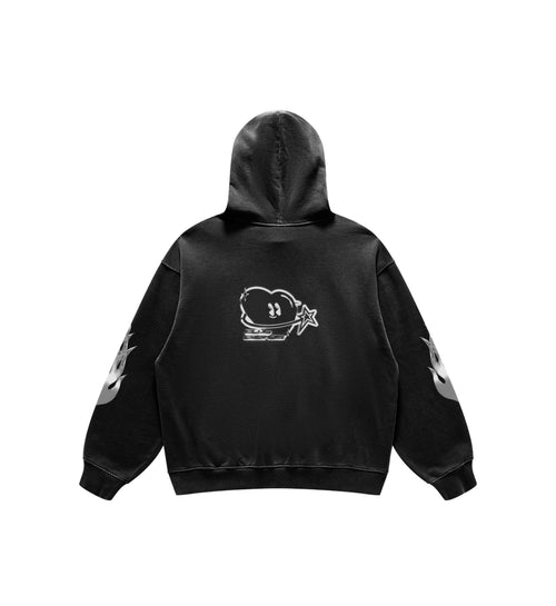 Black hoodie with a white Club Cosmo's heart graphic on the back against a white background.