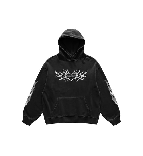 Black hoodie with white flame design on a white background.