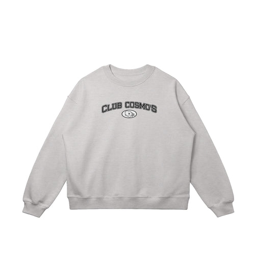 Gray sweatshirt with 'CLUB COSMO'S' text on a white background.