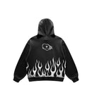 Black hoodie with white flame design and Club Cosmo's logo on the back against a white background.