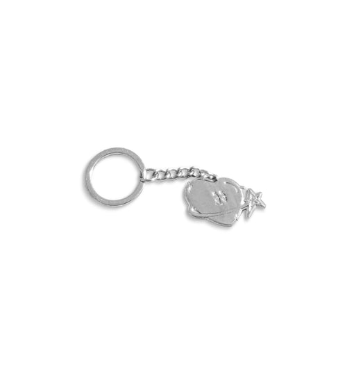 Silver keychain with heart and star charms on a white background.