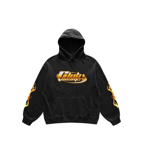 Black hoodie with a yellow and orange Club Cosmo's logo and flames on sleeves against a white background.