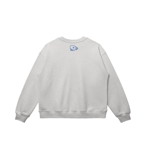 Gray sweatshirt with a small blue Club Cosmo's logo on the back against a white background.