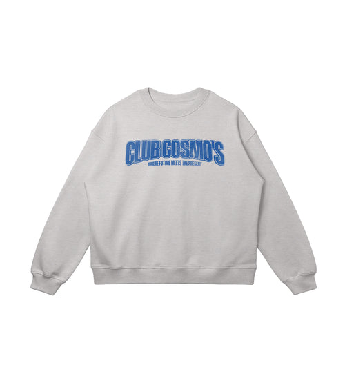 Gray sweatshirt with blue 'CLUB COSMO'S' text on a white background.