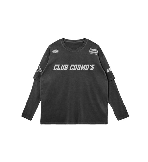 Dark grey long-sleeve shirt with 'CLUB COSMO'S' text on a white background.