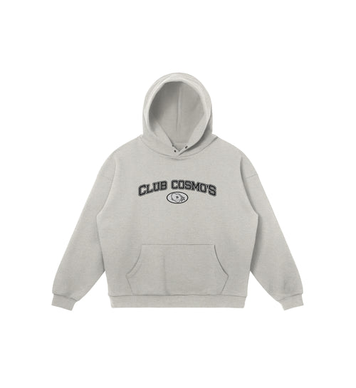 Gray hoodie with 'Club Cosmo's' logo and text on a white background.