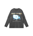 Gray long-sleeve shirt with graphic design and text of Club Cosmo's on a white background.