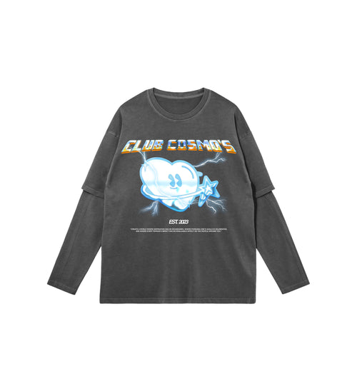 Gray long-sleeve shirt with graphic design and text of Club Cosmo's on a white background.