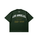Green t-shirt with 'Los Angeles' text on the back against a white background.