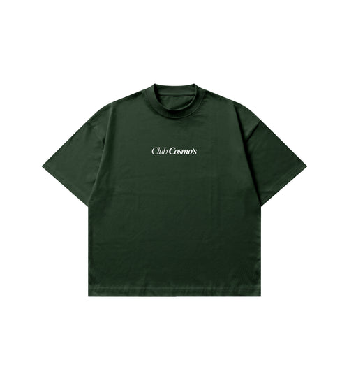 Green t-shirt with 'Club Cosmo's' text on a white background.