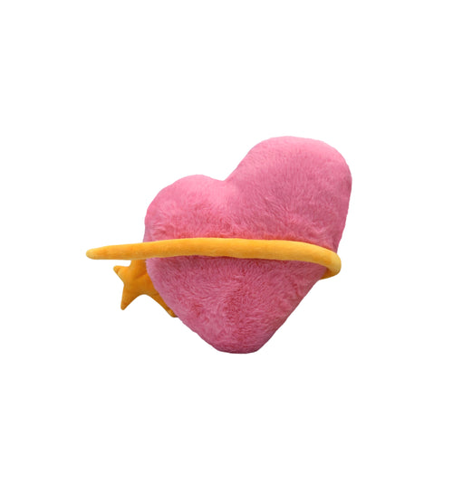 Pink heart-shaped plush toy with a yellow shooting star on a white background.
