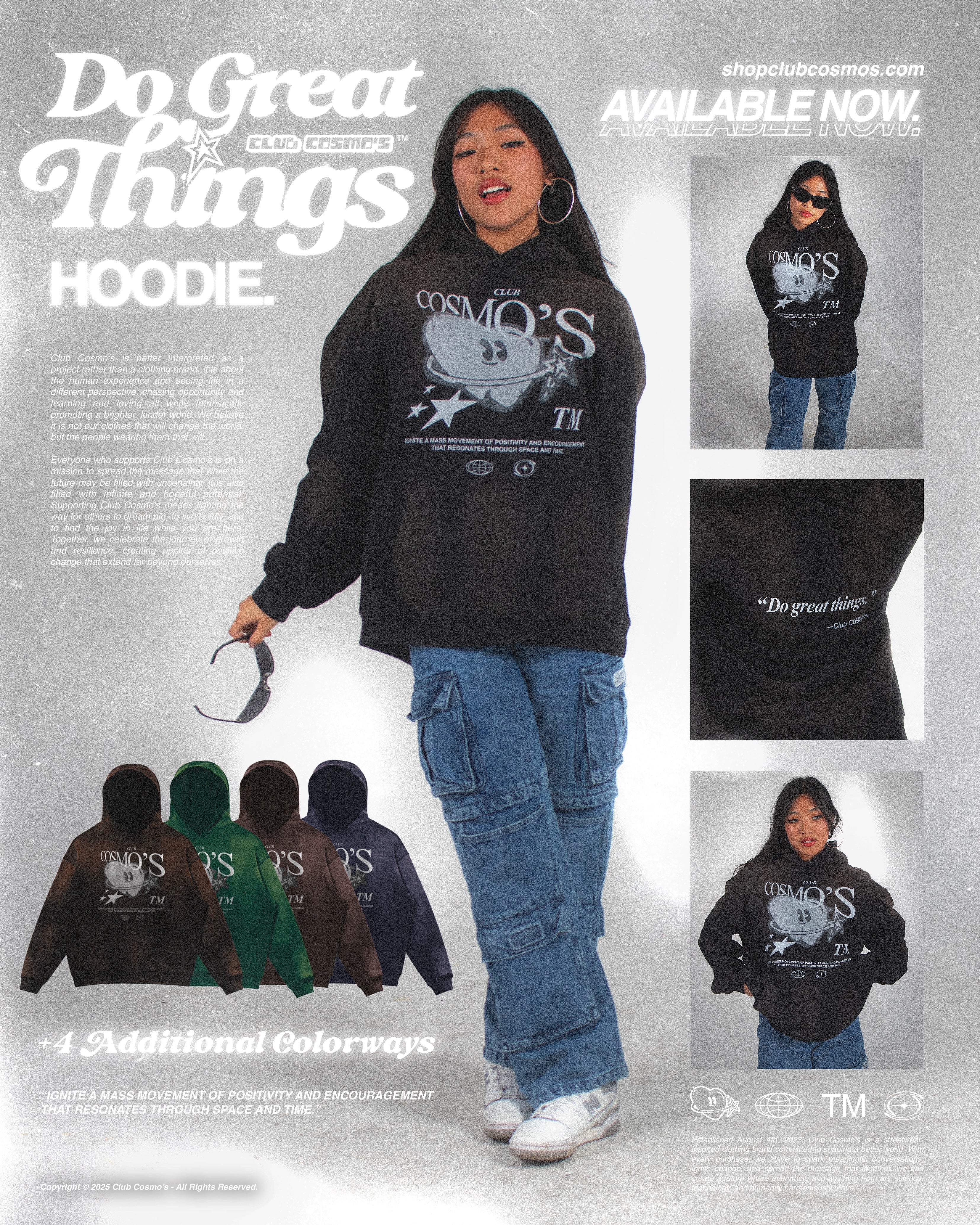 Model wearing a black hoodie with 'Club Cosmo's' branding and text, surrounded by promotional graphics.