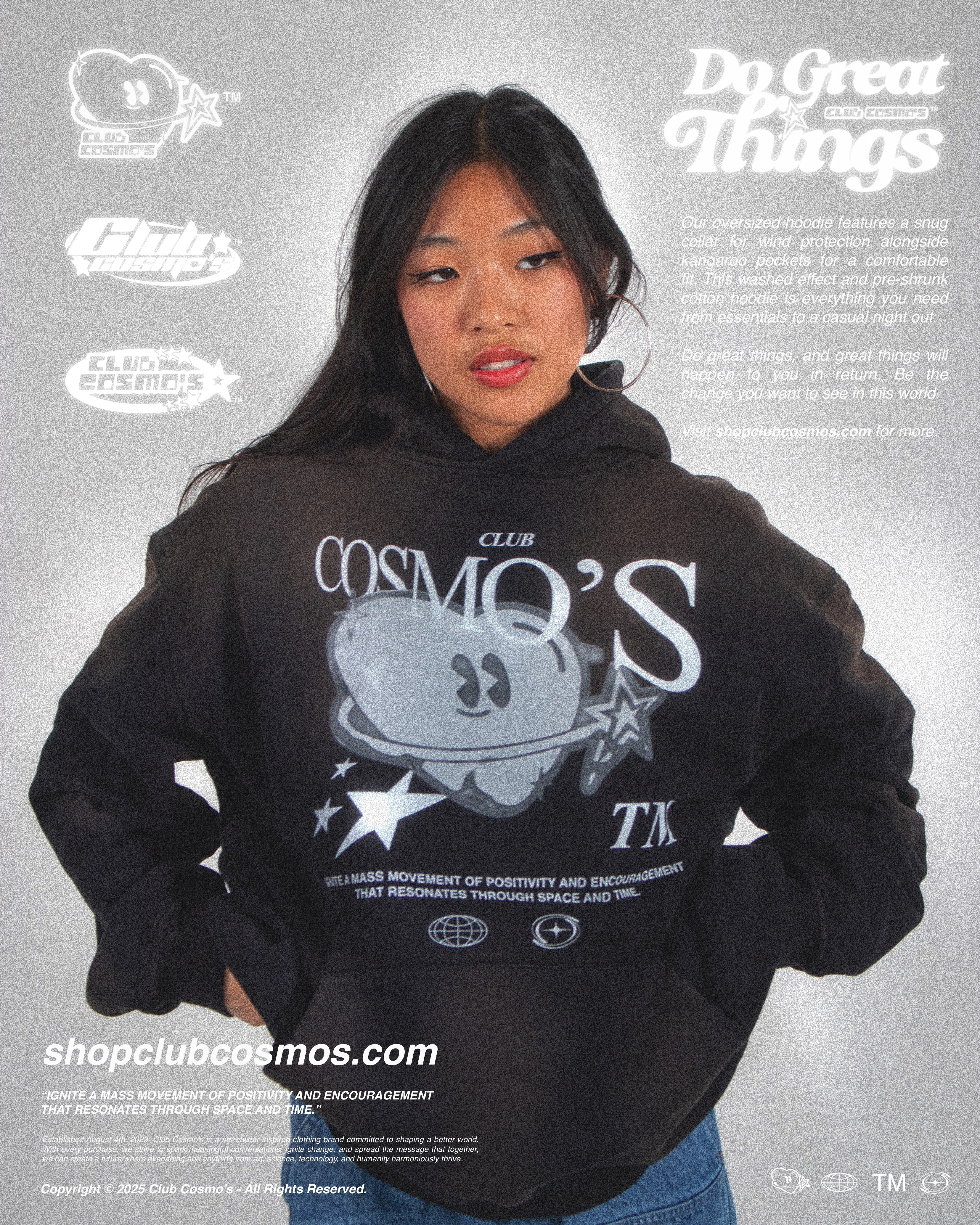 Model wearing a black hoodie with 'Club Cosmo's' design on a gray background with promotional text and graphics.