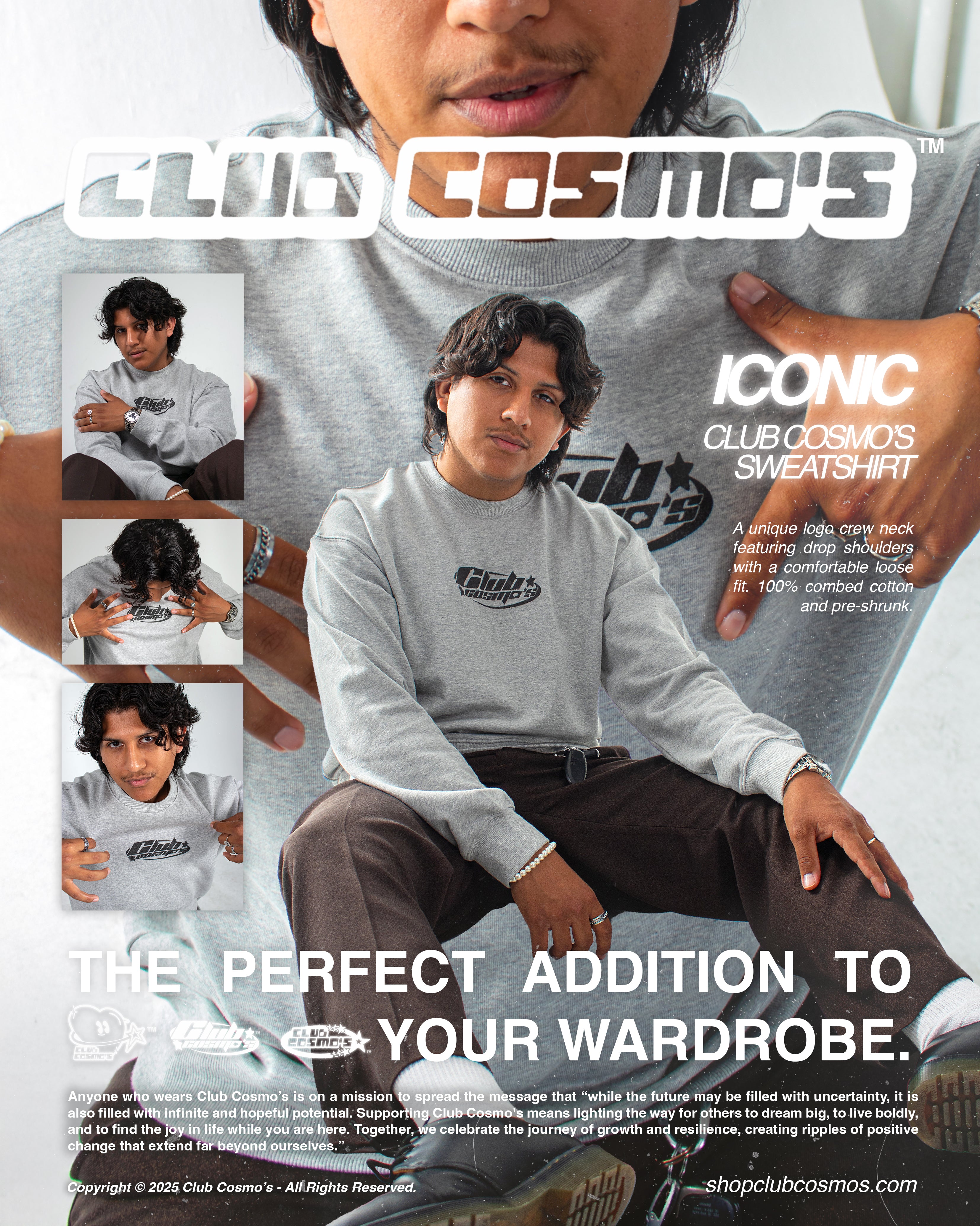 Model wearing a Club Cosmo's sweatshirt with promotional text and images.